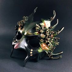 Forest Green Goblin masquerade mask with detailed horns and greenery Green Goblin Mask, Goblin Mask, Mask Masquerade, Green Goblin, Mythical Creature, Mask Shop, Masquerade Mask, Woodland Creatures, Green Gold