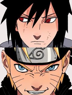 two anime characters with red eyes and black hair