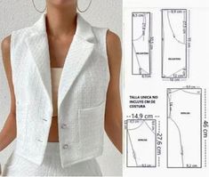 an image of a woman wearing a white jacket and pants with measurements on the side