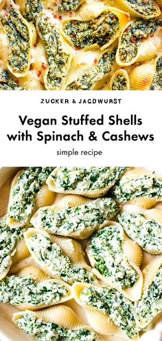 vegan stuffed shells with spinach and cashews recipe in a white bowl