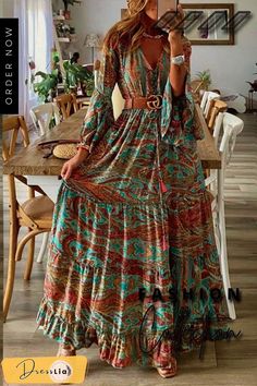 Down The West Coast Bohemia Print Maxi Dress Vacation Maxi Dress, Stile Boho Chic, Look Boho Chic, Women's A Line Dresses, Gaun Fashion, Estilo Hippie, High Waist Dress, Dresses By Length, Boho Casual