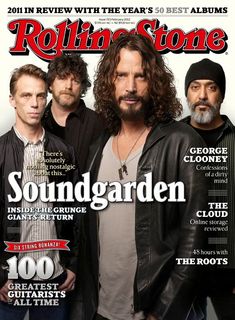 the cover of rolling stone magazine, with three men in leather jackets and one wearing a beanie