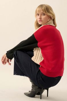 Colorblock knit sweater. Cable knit front. Contrasting color sleeves and back. High turtleneck collar. Long sleeves. Drop shoulder. Ribbed knit collar, cuffs, and hem. Relaxed fit. 100% Polyester. Imported. Designed in LA. Model wears size S. High Turtleneck, Cable Knit Turtleneck, Cable Knit Turtleneck Sweater, Knit Turtleneck, Knit Turtleneck Sweater, Vintage Canvas, Floral Chiffon, Iron Decor, Knit Collar