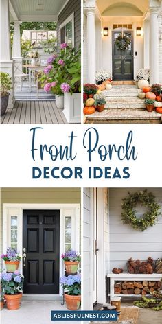 front porch decor ideas with flowers and potted plants on the steps, wreaths and pots