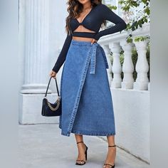 Medium Wash Long Length Denim Fabrication Wrap Closure Fabric Cotton Soft, Breathable And Comfortable. Wrap Skirt Outfit, Denim Skirts Online, Petite Clothes, Denim Wrap Skirt, Midi Gowns, Neat Casual Outfits, Jean Skirt Outfits, Pentecostal Fashion, Jean Skirts