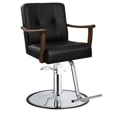 a black chair sitting on top of a metal base with a wooden armrest and foot rest