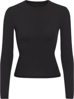 Stretch Long Sleeve T-shirt With Thumbholes, Fitted Long Sleeve Elastane T-shirt, Second-skin Crew Neck Tops With Thumbholes, Casual Second-skin Long Sleeve Tops, Stretch Elastane Long Sleeve T-shirt, Fitted Long Sleeve T-shirt For Layering, Snug Fit Long Sleeve Elastane Tops, Stretch Long Sleeve T-shirt For Layering, Solid Color Soft Stretch Long Sleeve Tops