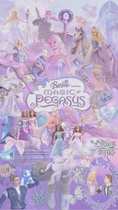 the front cover of barbie's book, magic and peonys with pictures of princesses