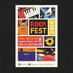 an event poster for rock fest with guitars, keyboards and other musical instruments on it