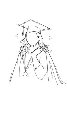 a black and white line drawing of a girl in graduation gown holding her cap over her shoulder