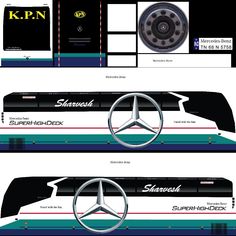 the front and back side of a car with mercedes logos on it, as well as other