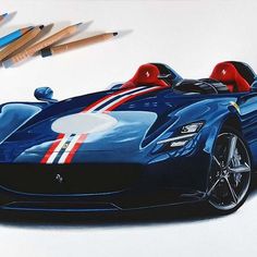 a drawing of a blue sports car with red, white and blue stripes