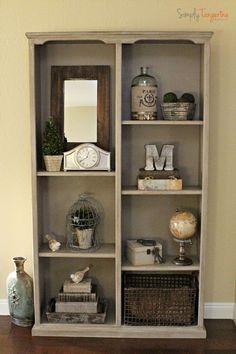 an old bookcase with baskets and other items on top is shown in the instagram