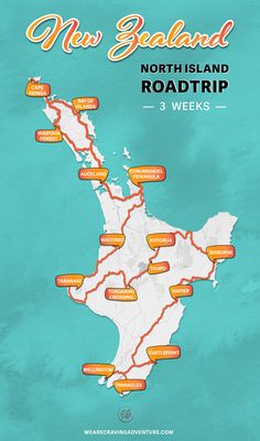 the road trip map for new zealand, north island and roadstrip 3 weeks