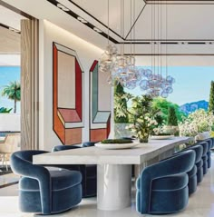 a dining room with blue chairs and a white table