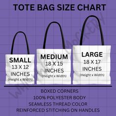 tote bag size chart with measurements for each one and two bags on the front