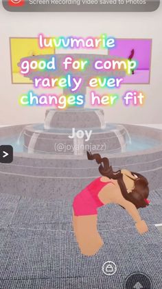 an animated image of a woman doing yoga in front of a fountain with the words luvmarie good for comp barely ever changes her fit