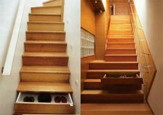 the stairs are made of wood and have glass inserts on each step to keep shoes from sliding down