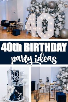 the birthday party is decorated with silver and white balloons, black and white decorations, and blue