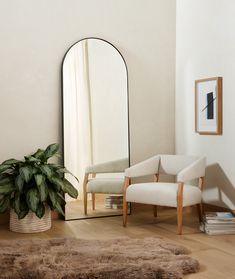 a living room with a chair, mirror and potted plant