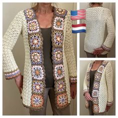 a woman wearing a white crocheted cardigan with multicolored flowers on it