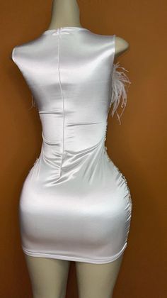 White Fitted Satin Dress For Wedding, Fitted White Satin Dress For Wedding, White Fitted Satin Wedding Dress, White Satin Mini Dress For Wedding, White Satin Backless Evening Dress, White Sleeveless Satin Evening Dress, Fitted White Satin Wedding Dress, White Backless Mini Dress For Prom, White Fitted Evening Dress For Night Out