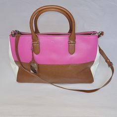 Womens Medium Genuine Leather Ralph Lauren Tote Bag. Multi Color Block - Pink, White And Cognac Brown. Dimensions - 15in W, 11in H, 7in D. New Condition - Never Been Used. Pink Leather Tote Shoulder Bag, Large Capacity Pink Leather Bag, Pink Rectangular Shoulder Bag With Letter Print, Ralph Lauren Tote Bag, Pink Leather Handle Tote Satchel, Ralph Lauren Tote, Pink Shoulder Bag With Leather Handles For On-the-go, Ralph Lauren Bags, Ralph Lauren Womens