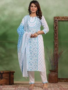 Women Floral Printed Regular Aari Work Pure Cotton Kurta with Palazzos & With Dupatta PRODUCT DETAILS  Blue printed Kurta with Palazzos with dupatta Kurta design: Floral printed Straight shape Regular style V-neck, three-quarter regular sleeves Na pockets aari work detail Calf length length with straight hem Pure cotton machine weave fabric Palazzos design: Solid Palazzos Partially elasticated waistband Slip-on closure Size & Fit The model (height 5'8) is wearing a size S Material & Care Kurta fabric: CottonBottom fabric: CottonDupatta fabric: CottonWash Care:Machine Wash Specifications Sleeve Length Three-Quarter Sleeves Top Shape Straight Top Type Kurta Bottom Type Palazzos Dupatta With Dupatta Top Pattern Printed Top Design Styling Regular Top Hemline Straight Top Length Calf Length Nec White Block Print Straight Kurta Set, Anarkali Set With Printed Motifs In White, Anarkali White Sets With Printed Motifs, White Anarkali With Printed Motifs, White Traditional Wear With Printed Motifs For Navratri, White Bollywood Dupatta With Printed Motifs, Festive White Block Print Sets, Festive White Sets With Block Print, White Kurta With Block Print Traditional Drape