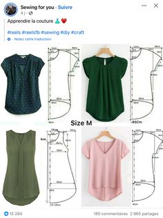 four different styles of blouses and tops on the same page, with measurements for each one