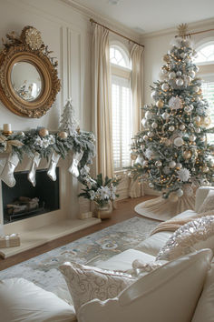 a living room with a christmas tree in the corner and decorations on the fireplace mantel