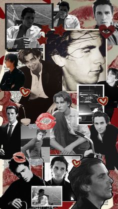 the collage shows many different people and their faces in black and white, with red hearts