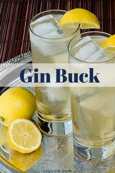 two glasses filled with gin and lemon on top of a silver tray