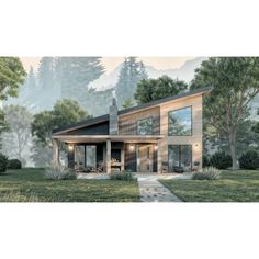 this is an artist's rendering of a modern house in the woods with trees and grass