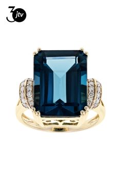 11.73ct emerald cut London blue topaz with .24ctw round white diamonds, 14k yellow gold ring. Measures approximately .73"L x .64"W. White rhodium. Yellow Gold Ring, London Blue Topaz, London Blue, White Diamonds, Yellow Gold Rings, Emerald Cut, Diamond White, Blue Topaz, Gold Ring