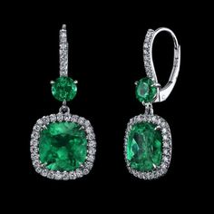 Featuring Cushion shaped Colombian Emeralds weighing 6.45 carats, round emeralds weighing 0.85 carats, and accented by 0.63 carats of round brilliant cut Diamonds, these beautiful earrings are set in 18K white Gold. - Hubert Jewelry Gold Jewelry Prom, Gemstones Jewelry, Colombian Emeralds, Jewelry Images, Art Deco Earrings