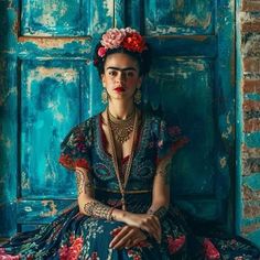 a woman sitting in front of a blue door with flowers on her head and arms