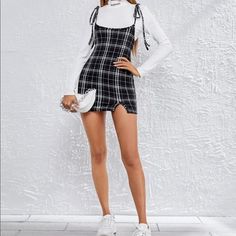 Shein Size Medium Plaid Dress. Never Worn Plaid Overall Dress, Tight Mini Dress, Dress Knit, Teenage Fashion, Plaid Tie, Everyday Dresses, Overall Dress, Dress Outfit, Plaid Dress