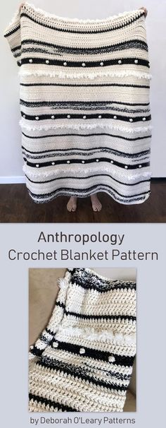 the crochet blanket is made with black and white yarn