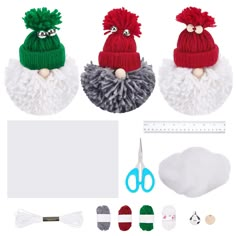 three knitted santa hats with scissors and other items to make it look like they are wearing