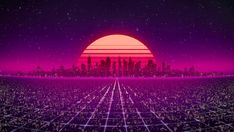 an image of the sun setting over a city with futuristic grids in front of it