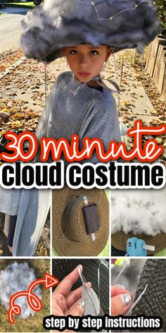 a collage of photos with the words, 30 minute cloud costume step by step instructions