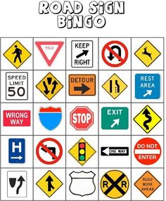 the road sign bingo game has many different signs