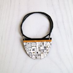 Contemporary bib necklace, Black and white print necklace, Gold and black chunky necklace, Gift for woman Handmade White Necklace For Everyday, Handmade White Necklace For Everyday Use, Black Pendant Necklace For Everyday Use, Adjustable Black Bib Necklace For Gifts, Adjustable Black Bib Necklace For Gift, Adjustable Black Bib Necklace As Gift, Handmade White Jewelry For Everyday Use, Unique Black Jewelry For Everyday Use, Unique Black Bib Necklace As A Gift