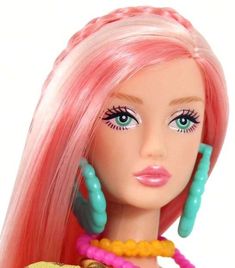 a barbie doll with pink hair and green eyes wearing colorful bracelets on her head