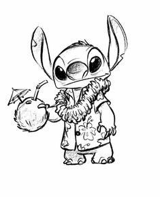 a drawing of stitchy holding an apple