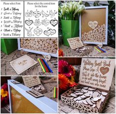 there are pictures of wedding guest book with hearts on the front and bottom, along with other photos