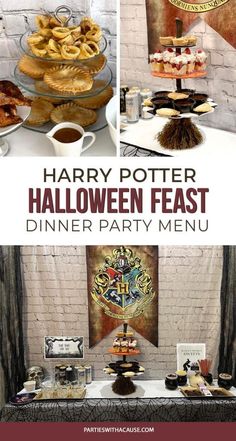 harry potter party food and desserts on a table with the words harry potter halloween feast