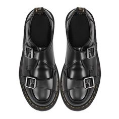 Black leather shoes with two buckle straps and a thick, stitched sole for a sturdy, durable design Material: Vegan Leather Run small, please review the sizing information