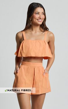 Hannah Two Piece Set - Frill Crop Top and High Waist Shorts in Sherbet Orange High Waist Shorts, Two Piece Set, Two Piece Sets, High Waisted Shorts, No Frills, Short Sets, Overalls, High Waist, Crop Top