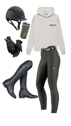 equestrian gear including riding boots, hoodie and helmet is shown in the image above